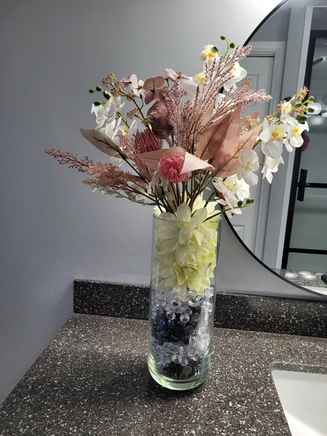 Faux Floral Arrangement in Glass Vase