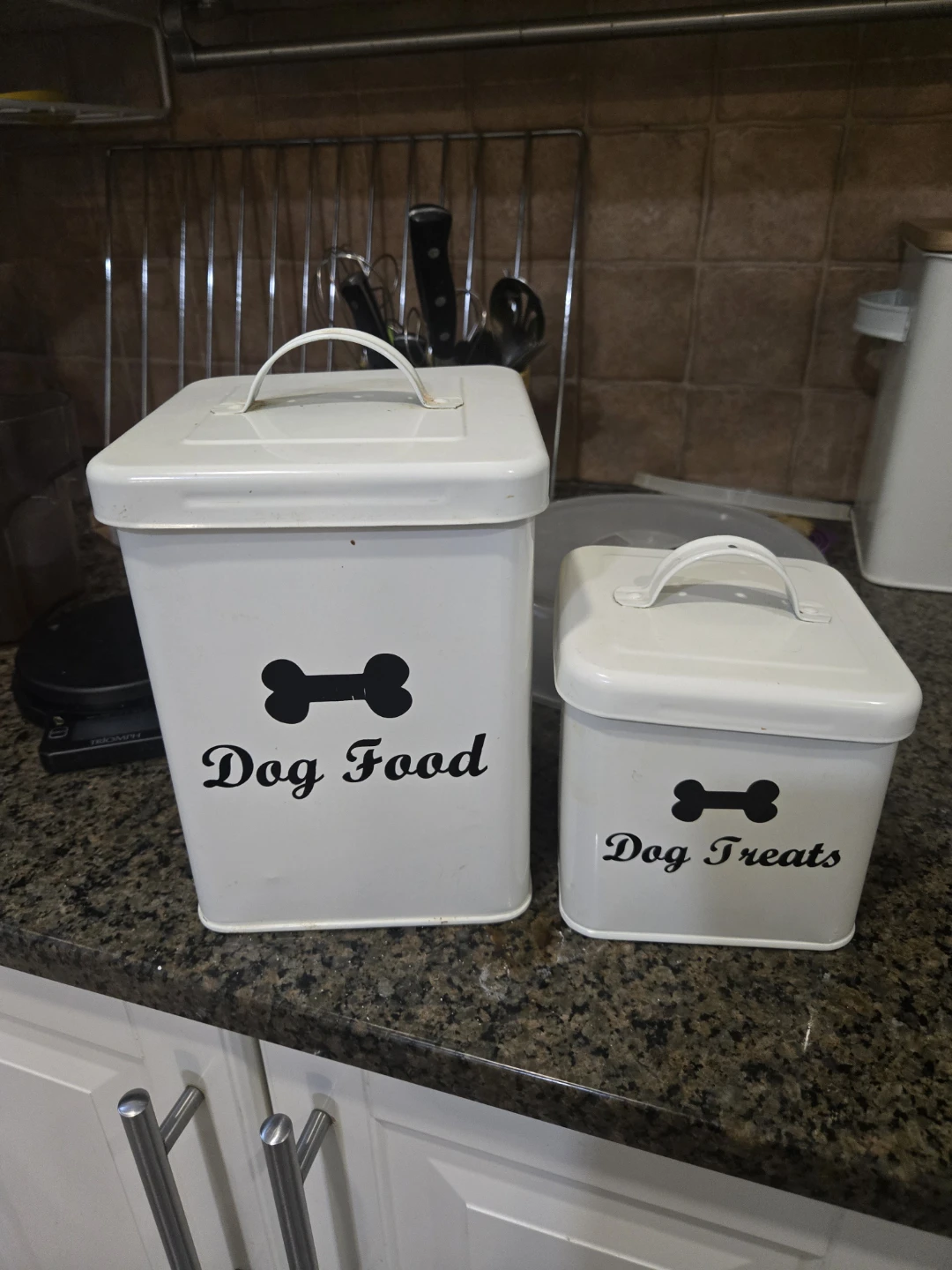 Set of 2 White Metal Dog Food and Treats Canisters