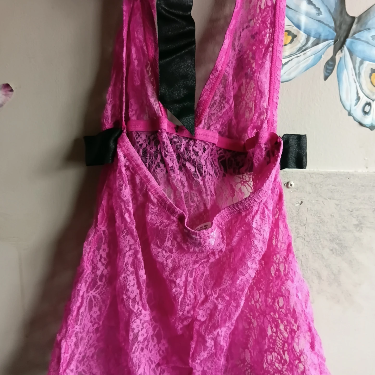 Pink Lace Halter Babydoll with Black Trim - photo 2