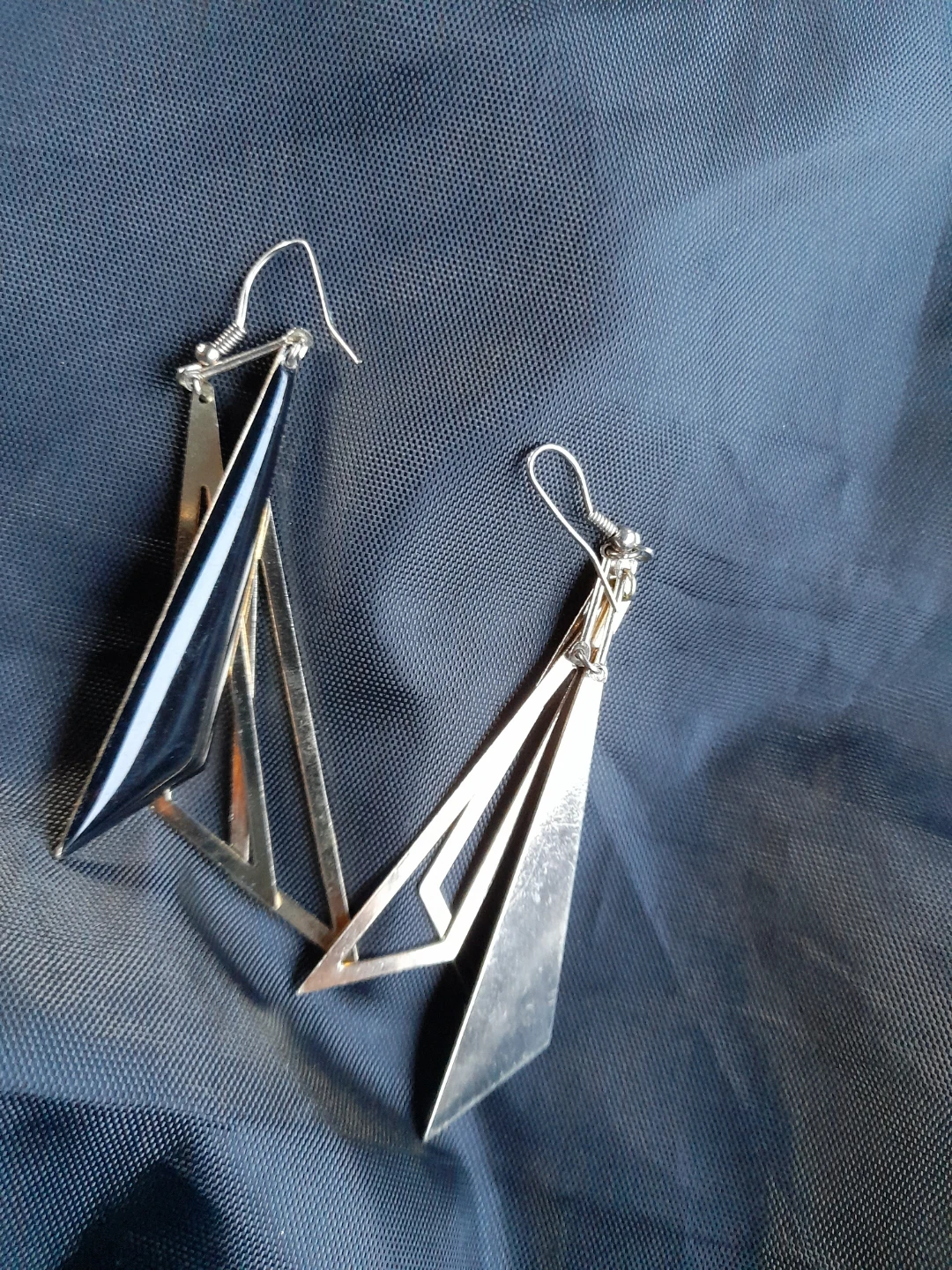 Geometric Dangle Earrings - Black and Silver Tone