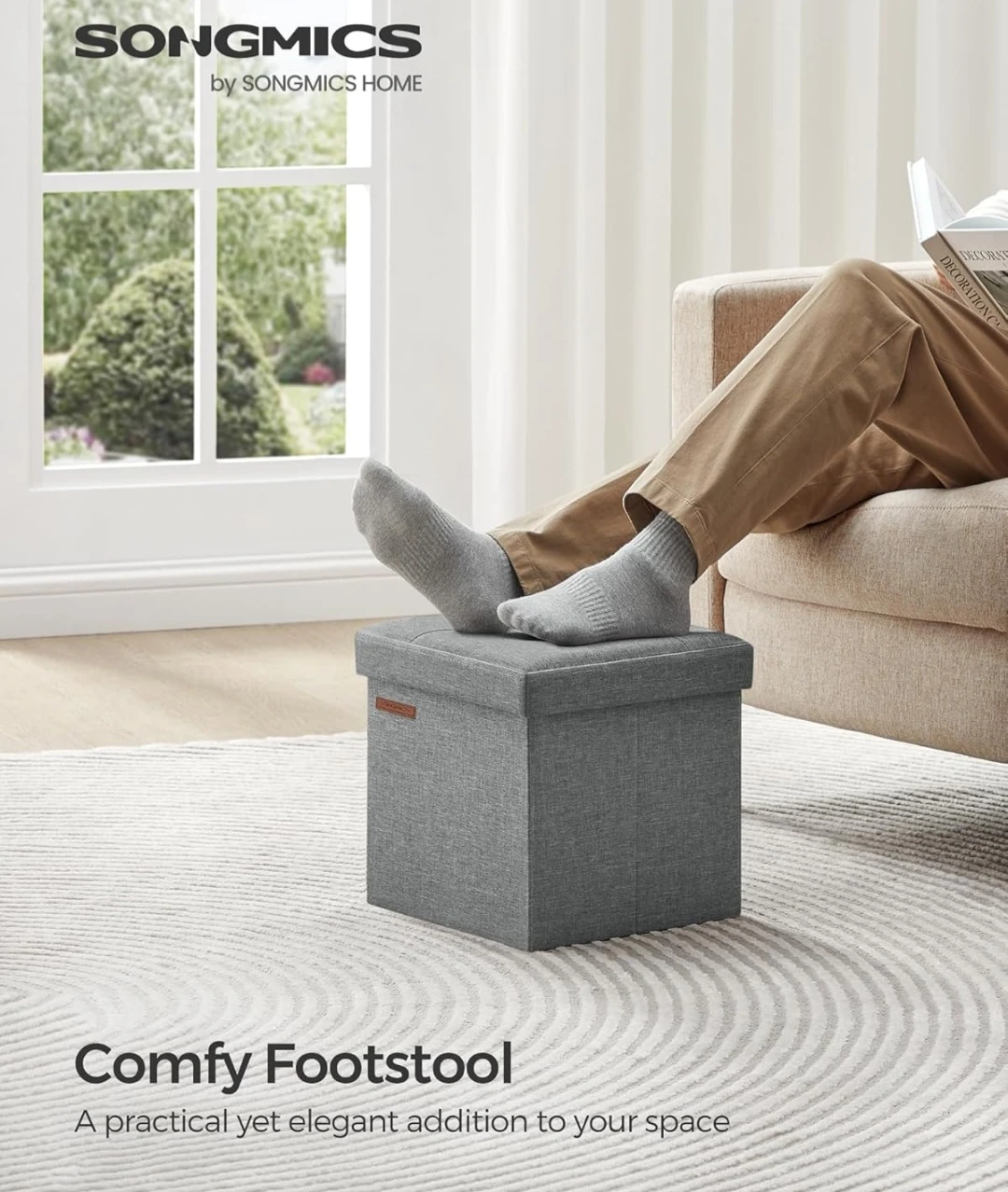 SONGMICS Grey Linen-Look Fabric Storage Ottoman Footstool - photo 3