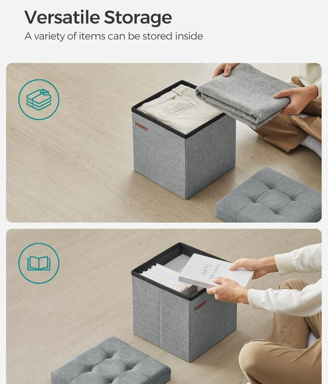 SONGMICS Grey Linen-Look Fabric Storage Ottoman Footstool - photo 5