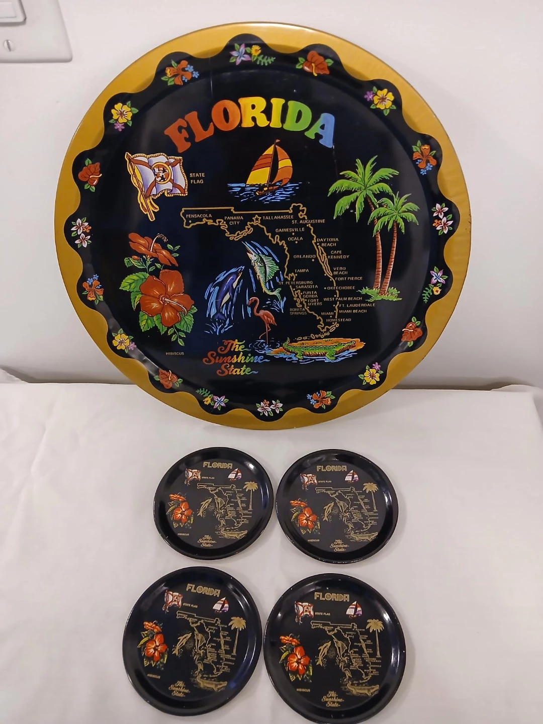 Vintage Florida The Sunshine State Serving Tray & Coasters Set.