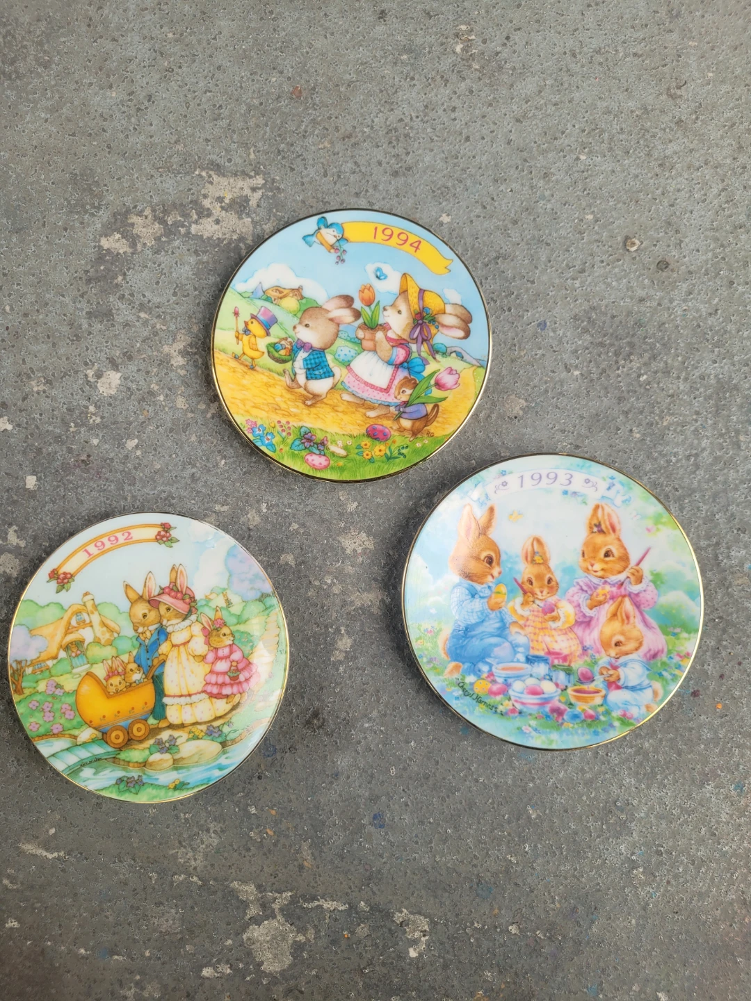 Collectible Easter Bunny Plates  and patio table