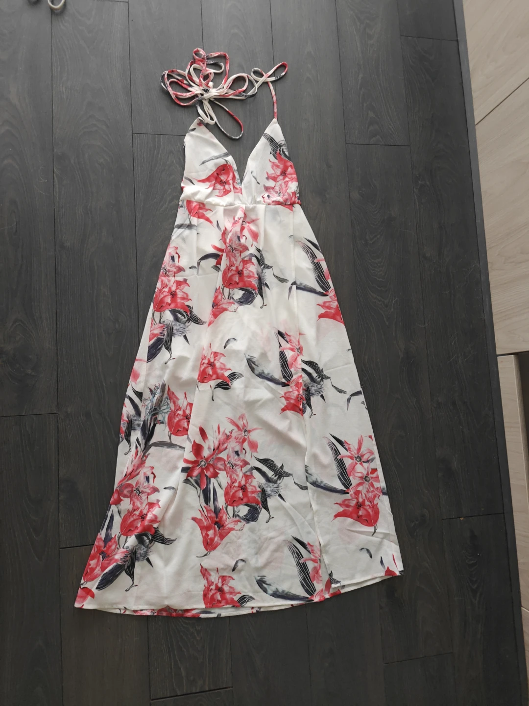 White Maxi Dress with Red Floral Print