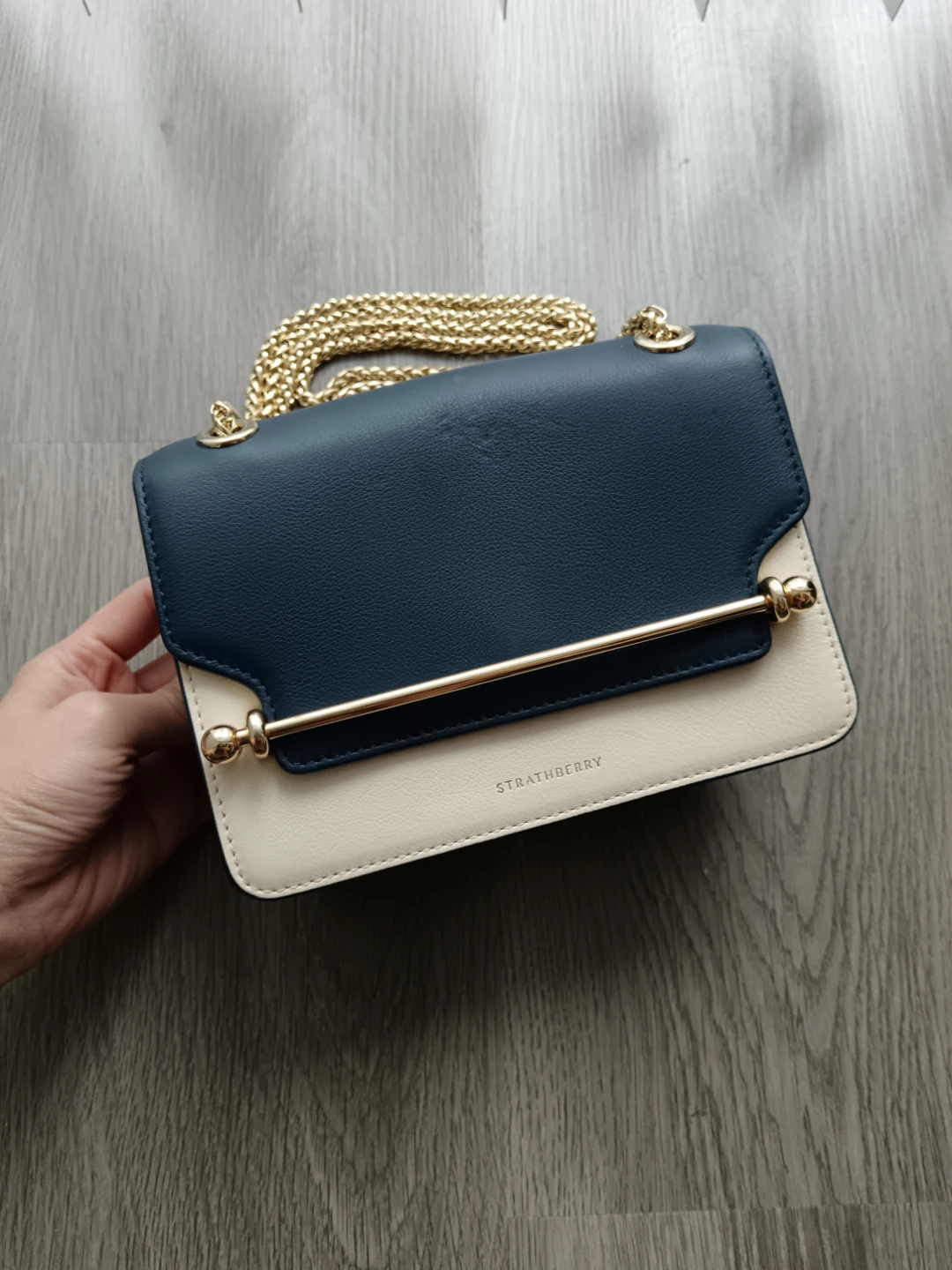 Strathberry Mini East to West Bag in Navy and Vanilla