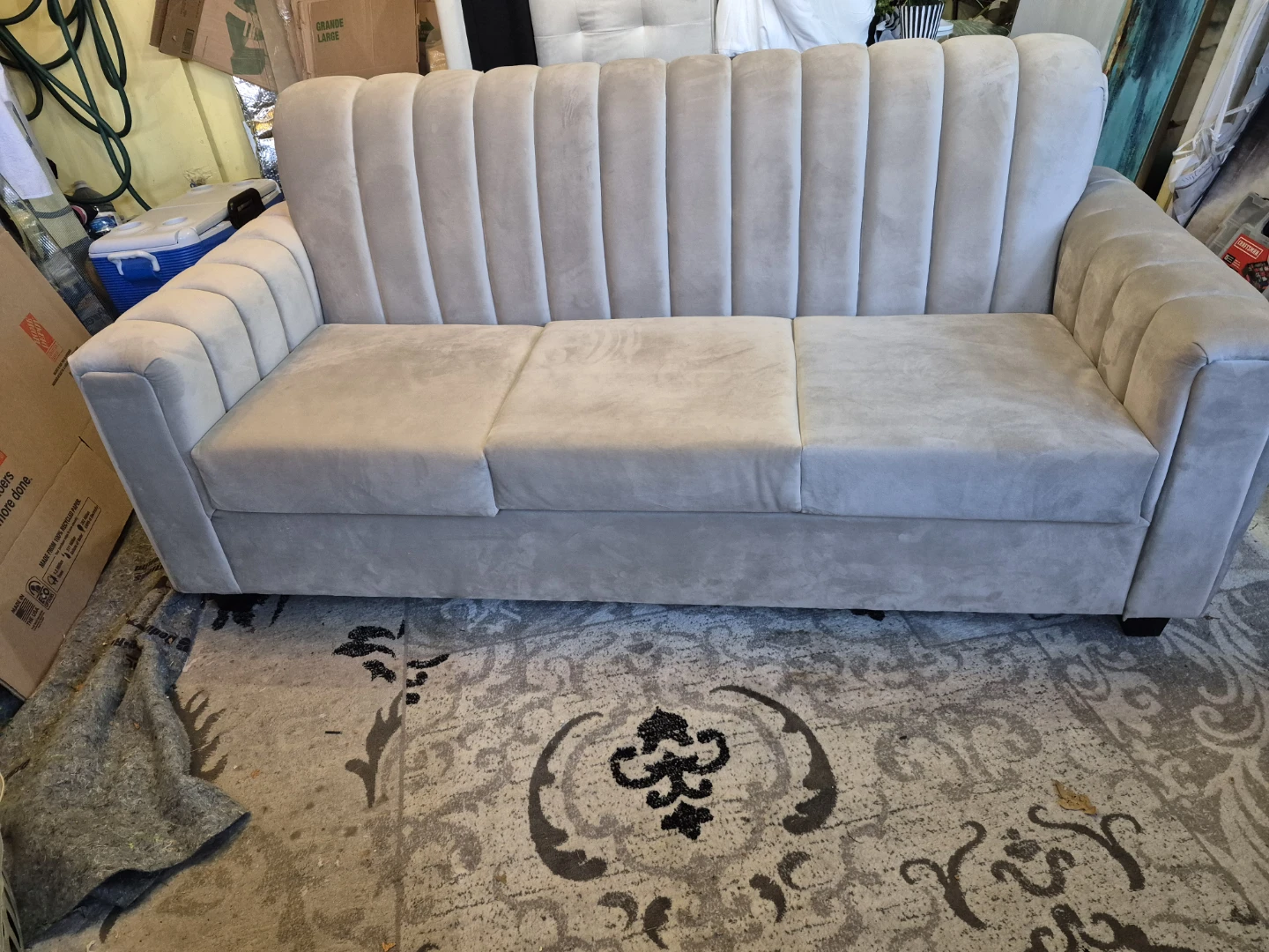 Beige Velvet Sofa with Fluted Design