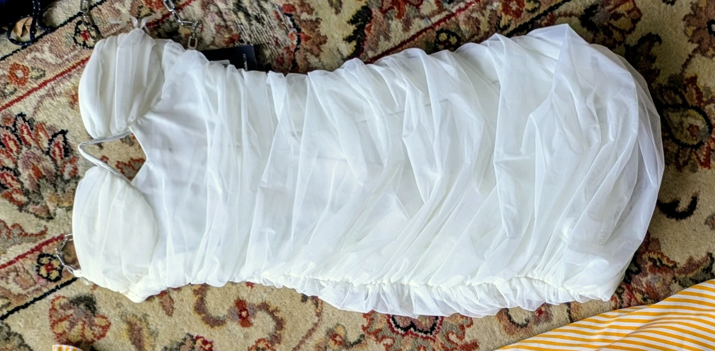 White Ruched Tulle Mini Dress