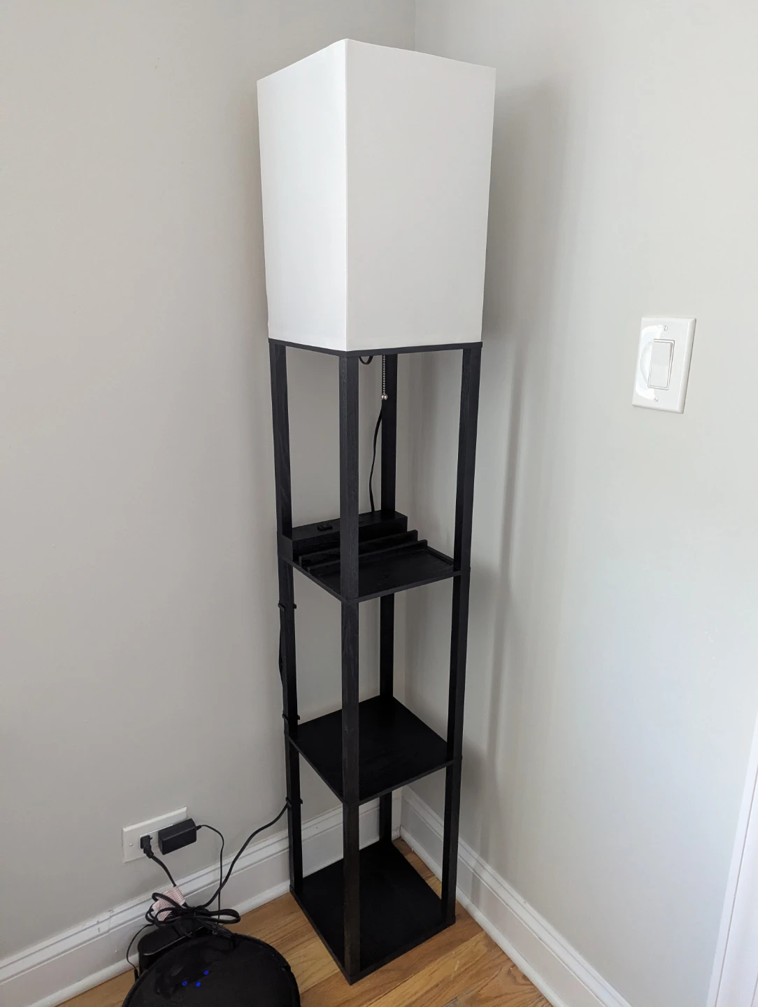 Black Floor Lamp with Shelves and Built-in Outlets