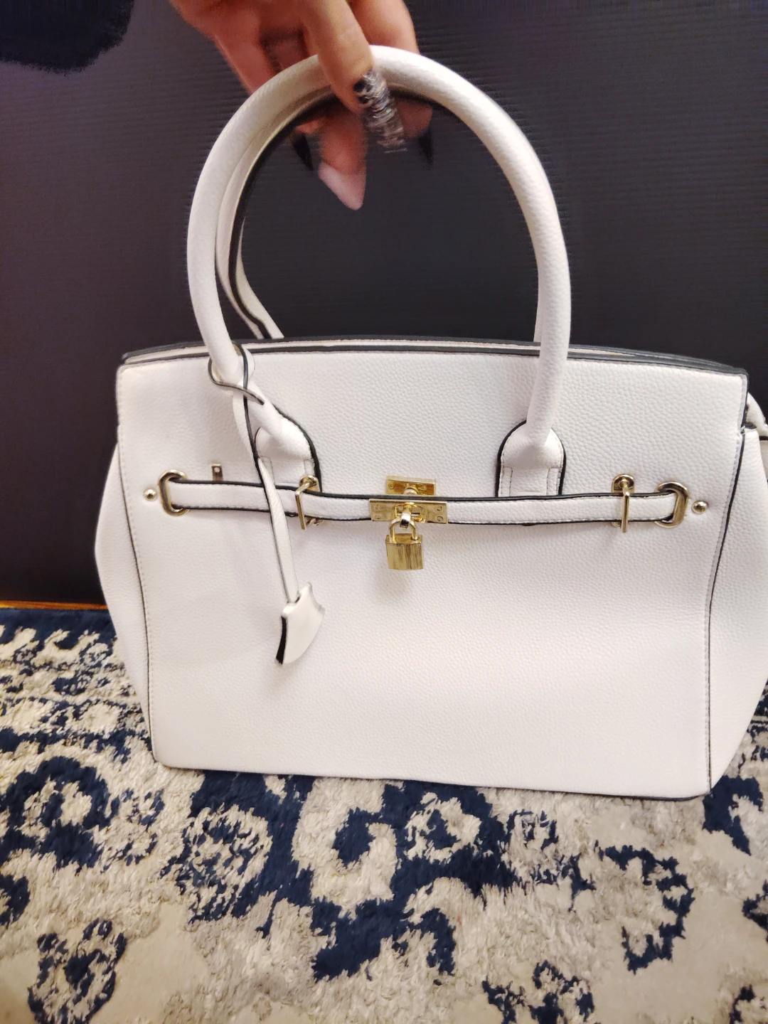 White Satchel Handbag with Gold Lock Detail
