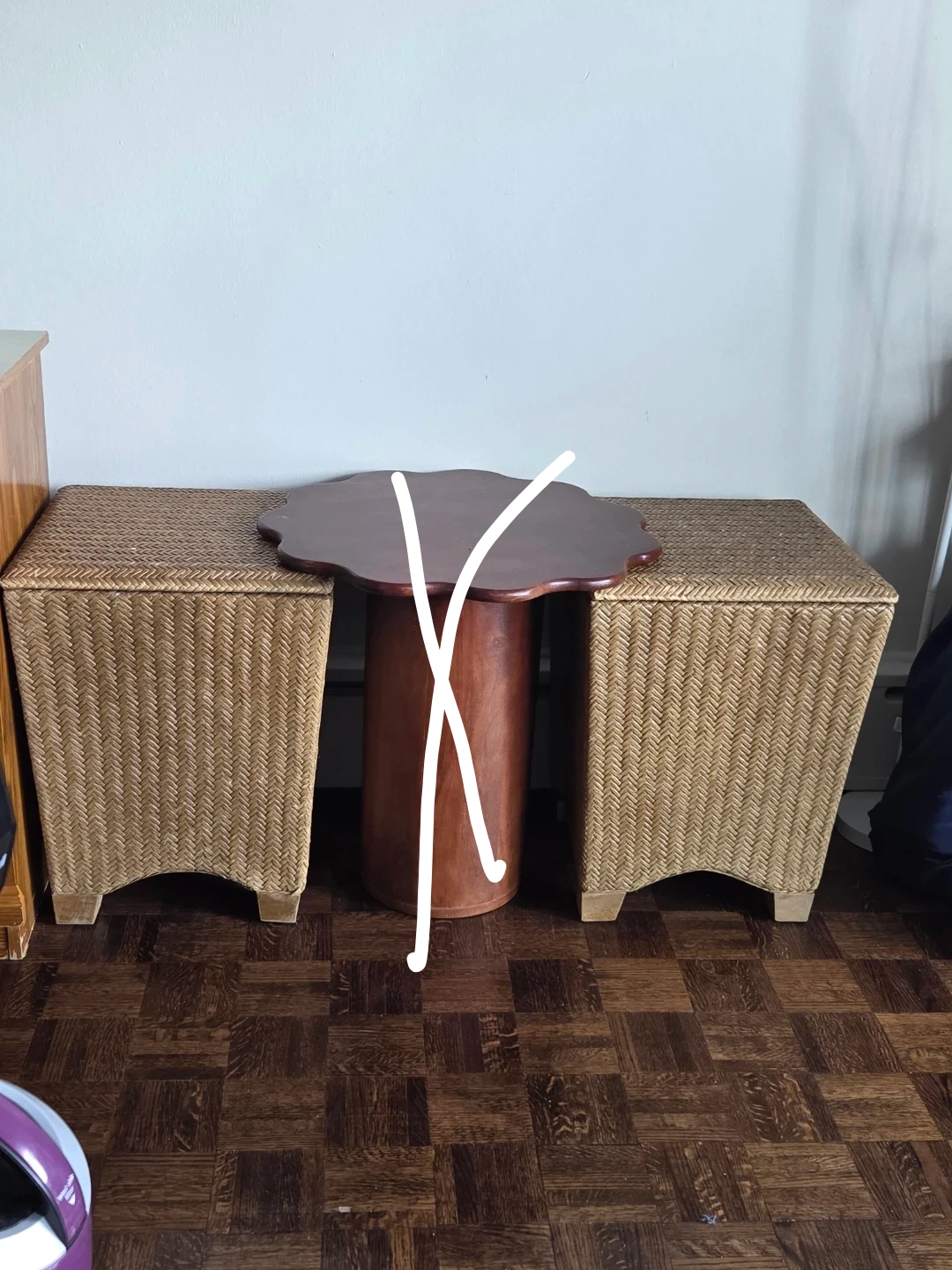 Wicker Storage Chests with Wood Pedestal Table