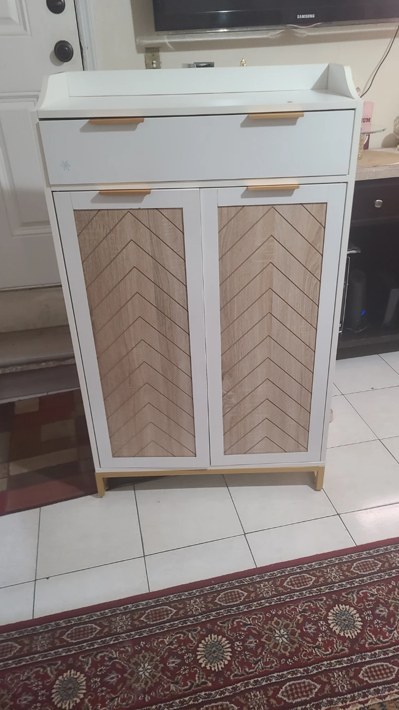 White Shoe Cabinet with Wood Grain Doors