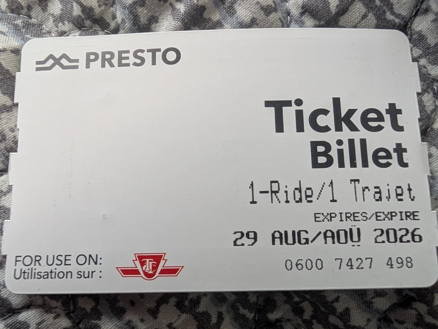 PRESTO 1-Ride Ticket - Expires August 29, 2026