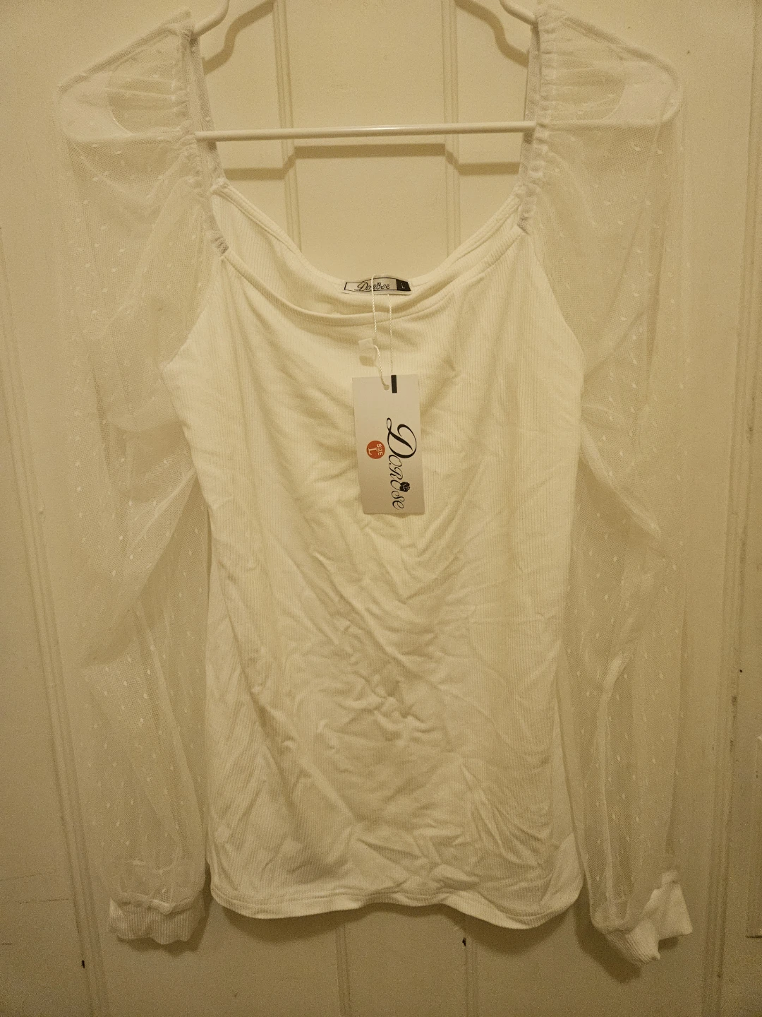 Dorose White Sheer Sleeve Top Size L