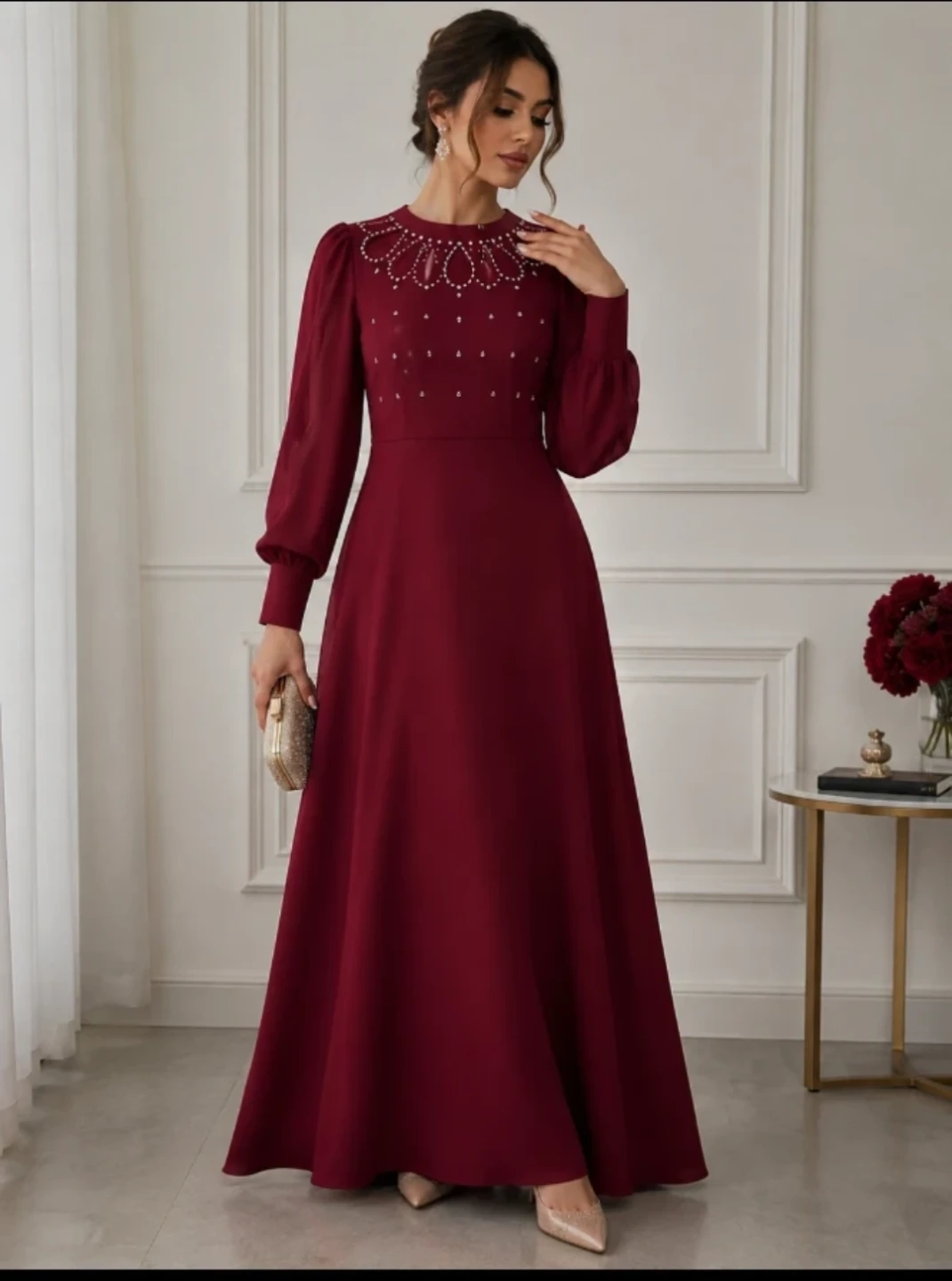 Women's Burgundy Embellished Maxi Dress