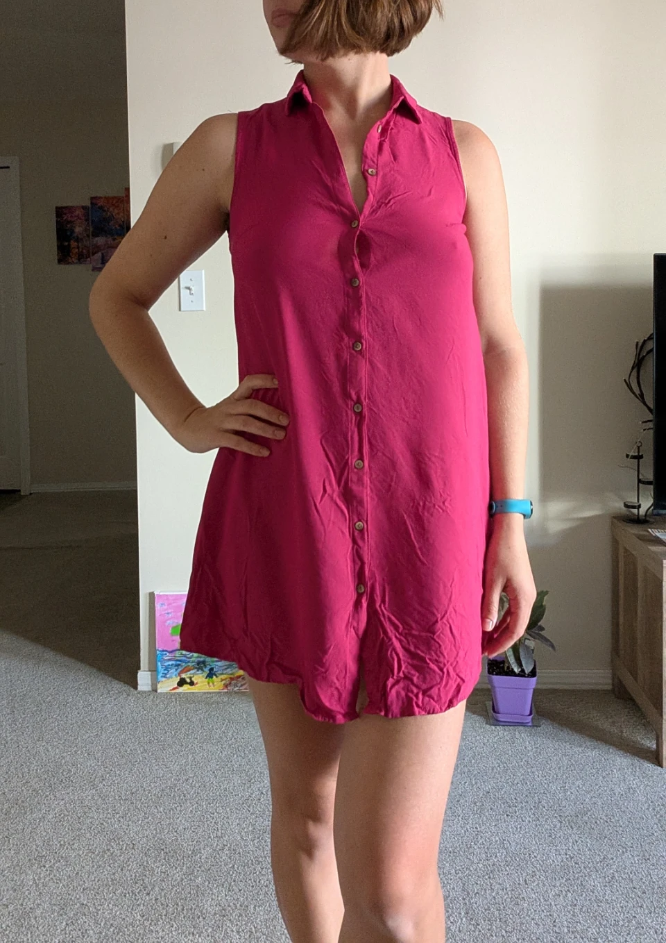 Women's Sleeveless Pink Button-Up Shirt Dress