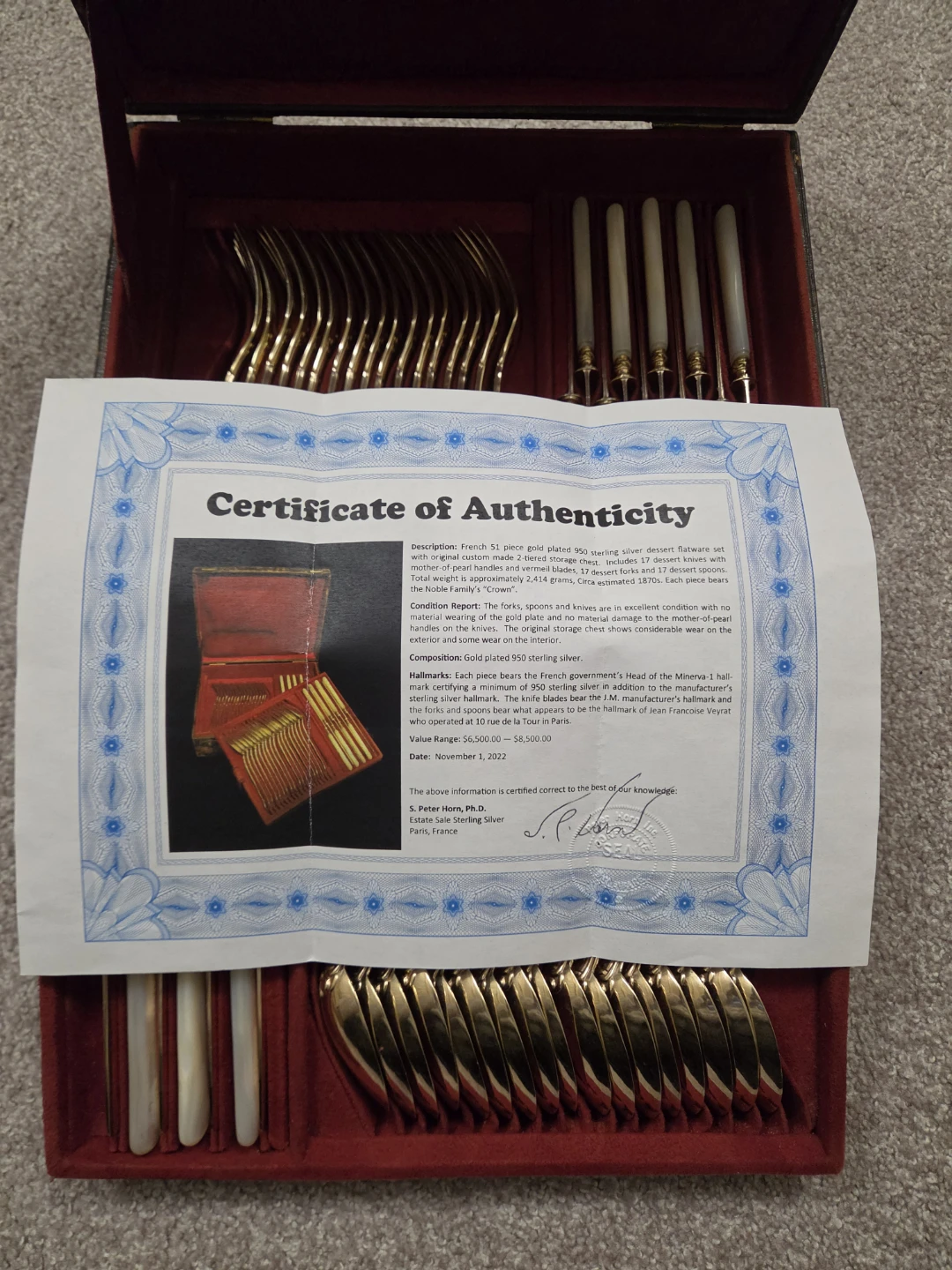 Gold plated Silver Flatware Set with Mother of Pearl Handles - photo 5
