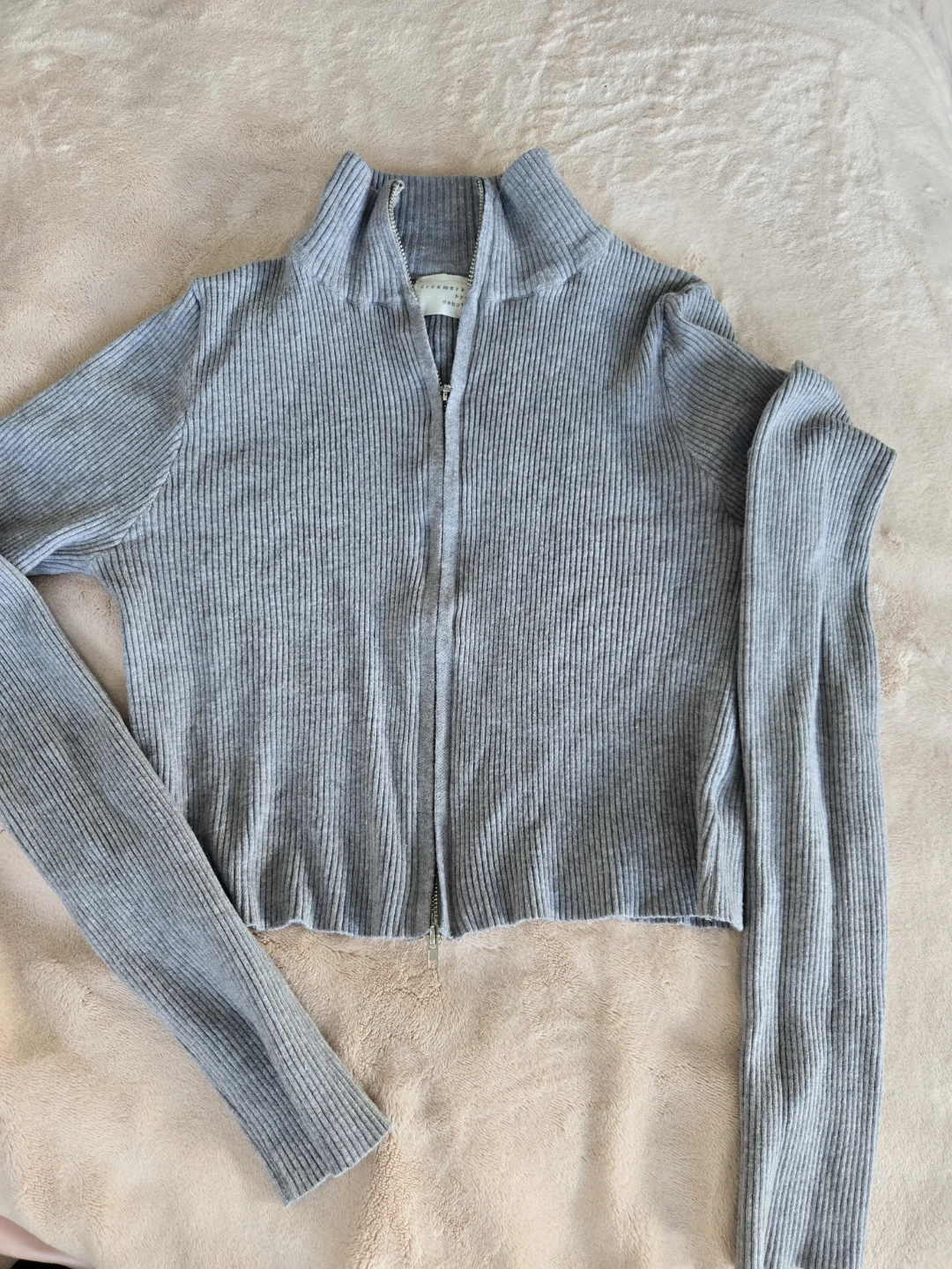 Grey Ribbed Zip-Up Cropped Sweater