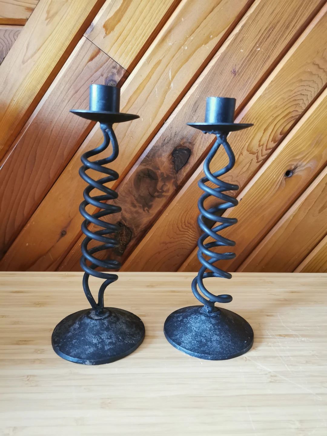 Vintage Brutalist Style Wrought Iron Spiral Candle Holders