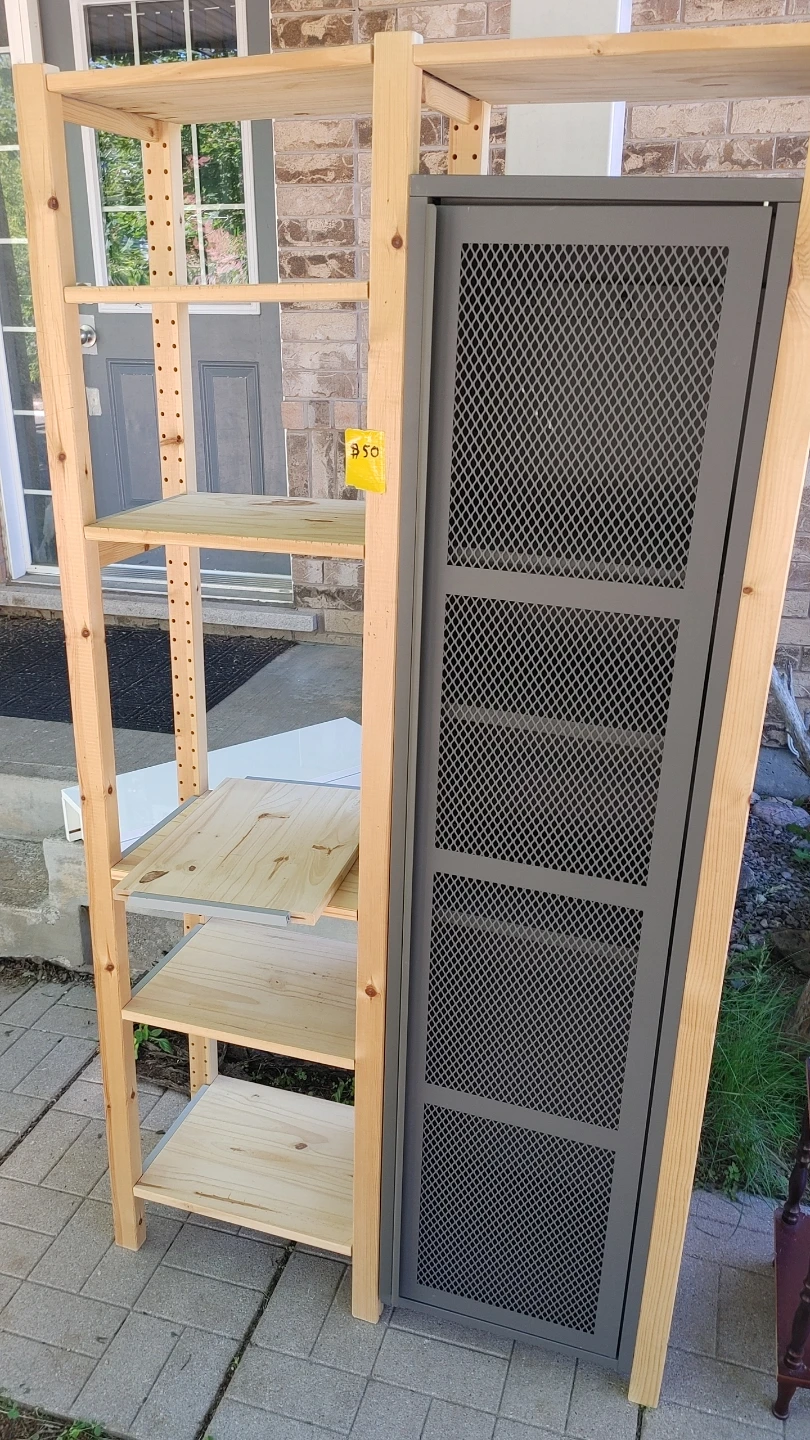 Ikea Pine Wood Shelf Unit with metal locker