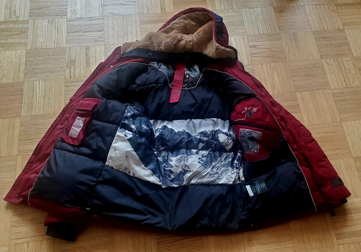 RED ZERO DOWN PARKA JACKET WITH FAUX FUR HOOD