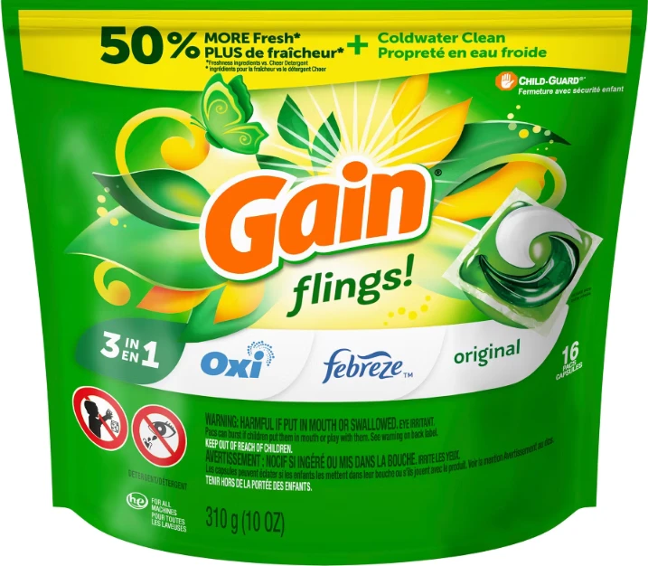Gain Flings! Original Laundry Detergent Pods (16 Count x3)