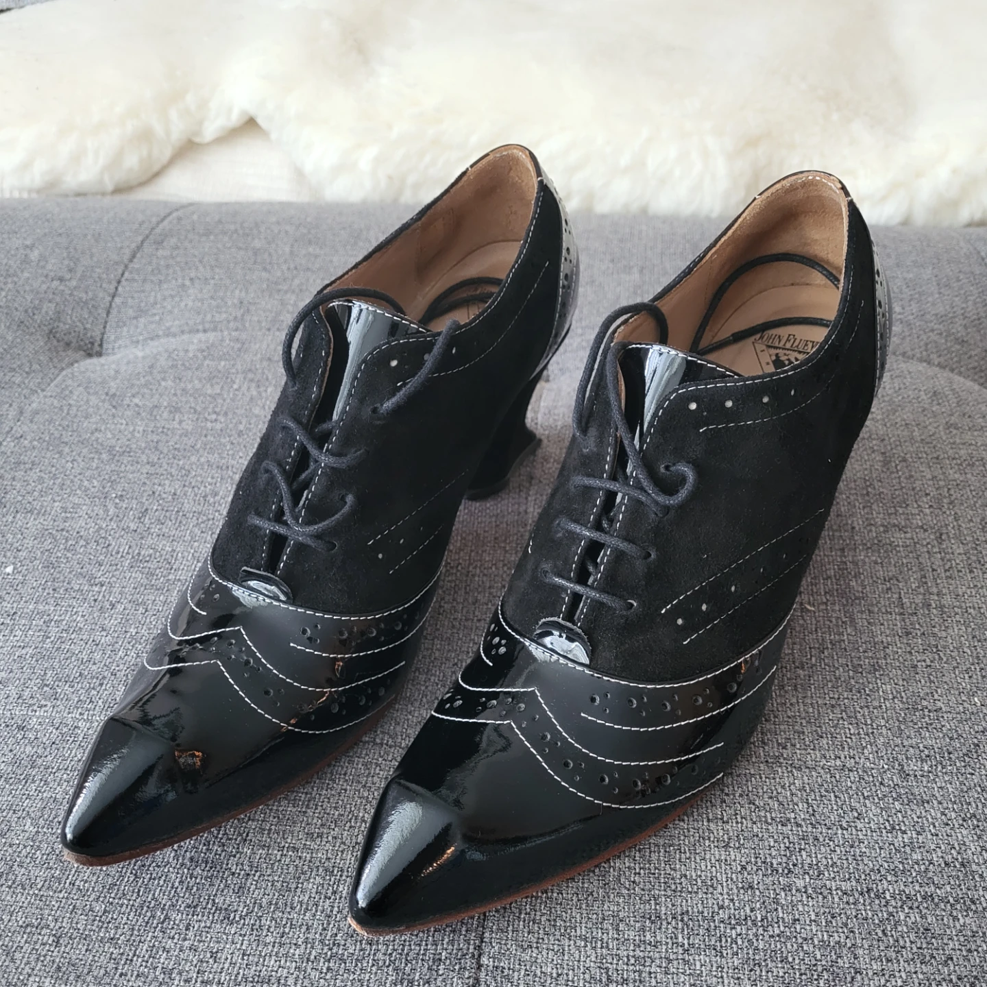 John Fluevog Nora Black Leather Wingtip Heels