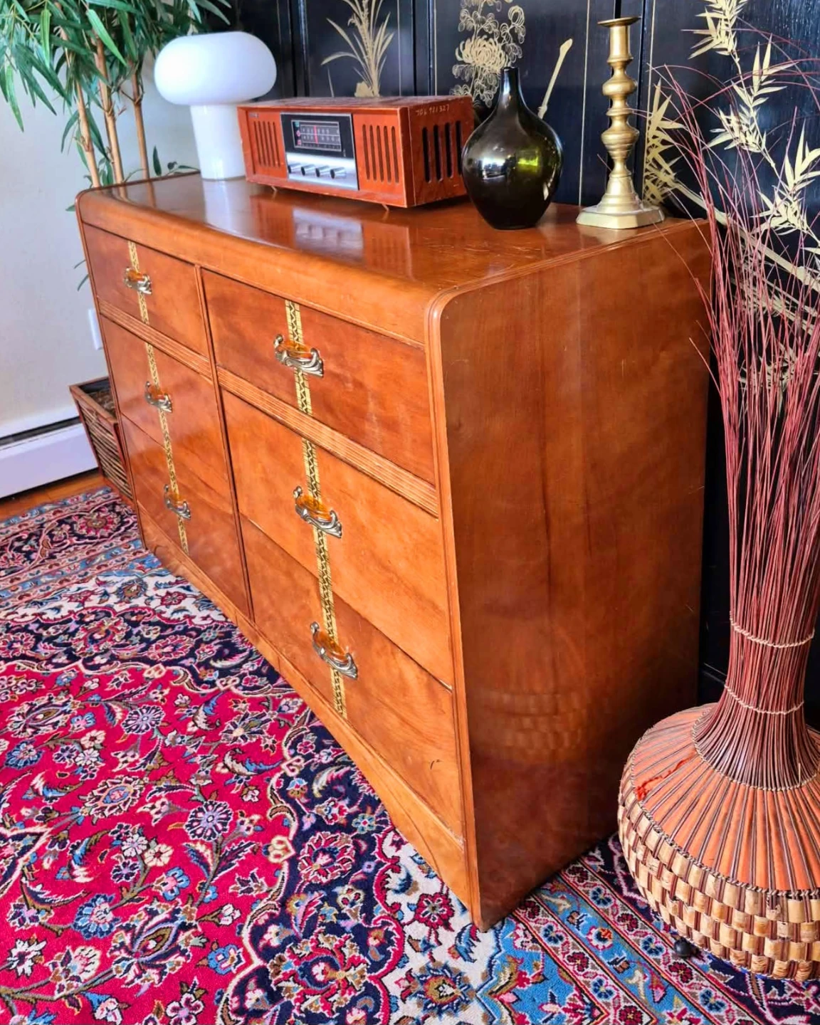 Art Deco Cinnamon Walnut 6 Drawer Dresser With Inlay Accents - photo 2