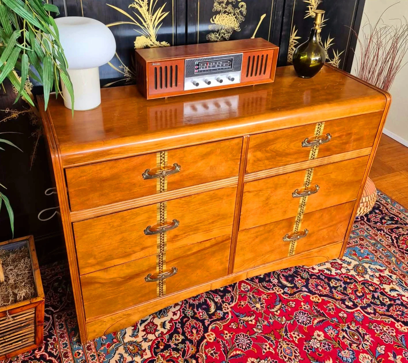 Art Deco Cinnamon Walnut 6 Drawer Dresser With Inlay Accents - photo 3