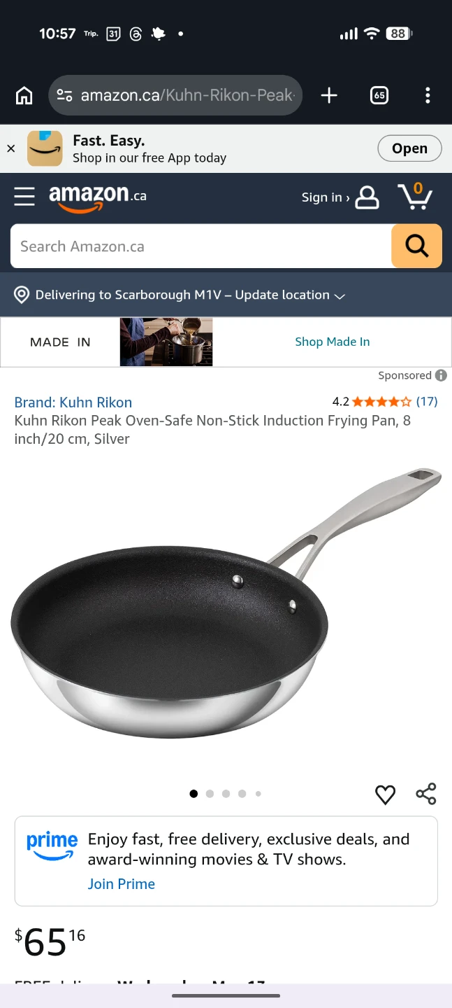 Kuhn Rikon Peak Induction Frying Pan - 8 Inch/20cm, Silver
