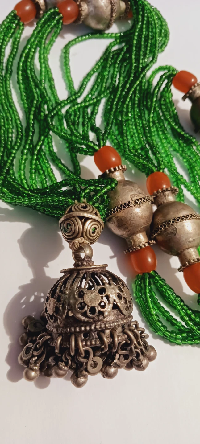 Long Beaded Necklace with Silver Pendant & Amber beads