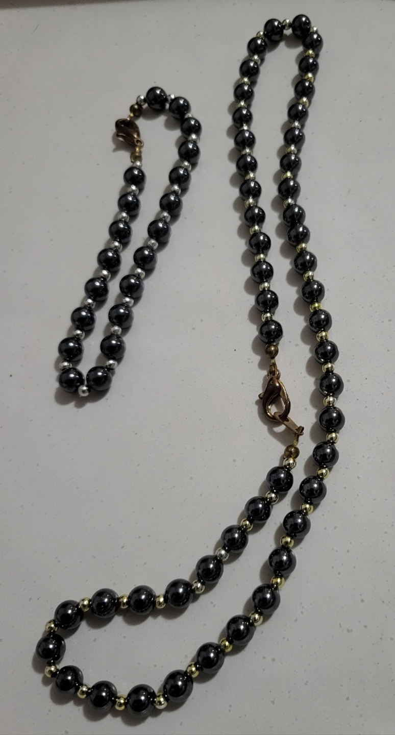 Hematite Beaded Necklace & Bracelet with Gold Tone Accents