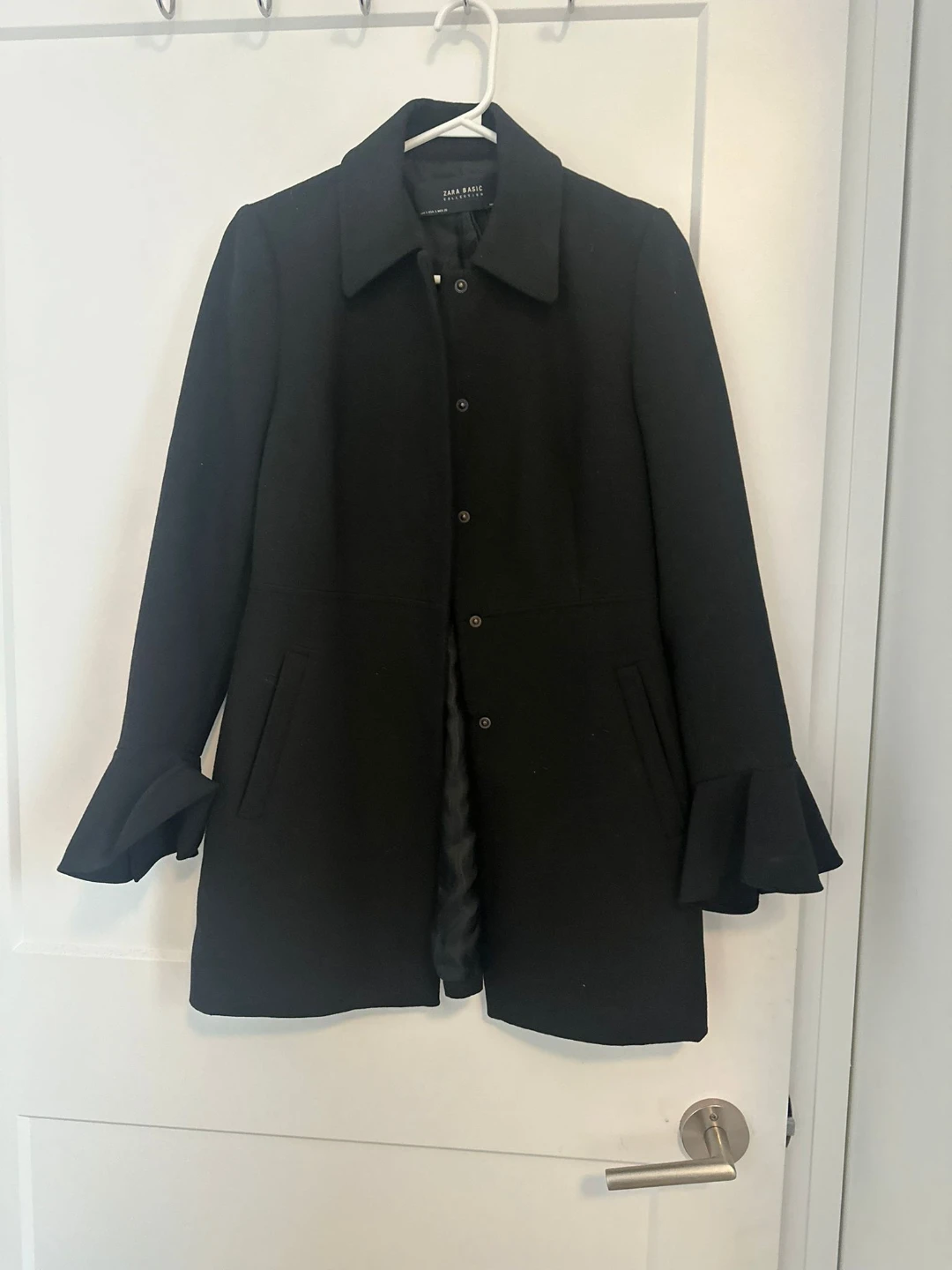Zara Basic Collection Black Coat with Ruffle Cuffs