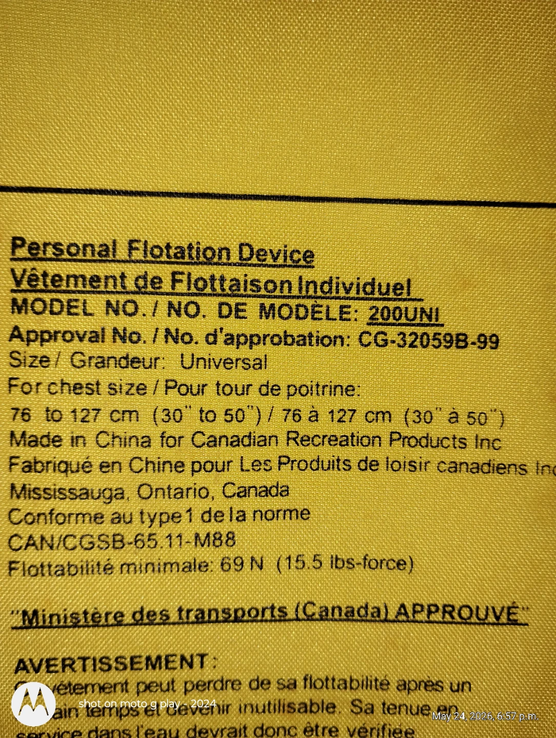 Canadian Recreation Products Inc. Personal Flotation Device -
