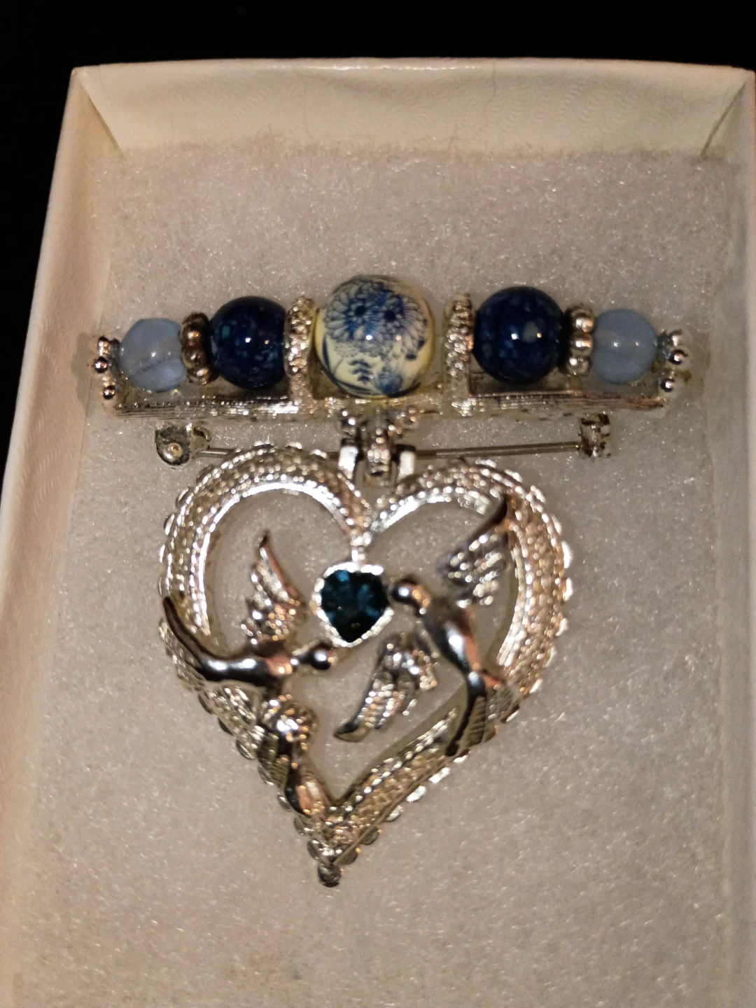 Silver Heart Brooch with Blue Beads