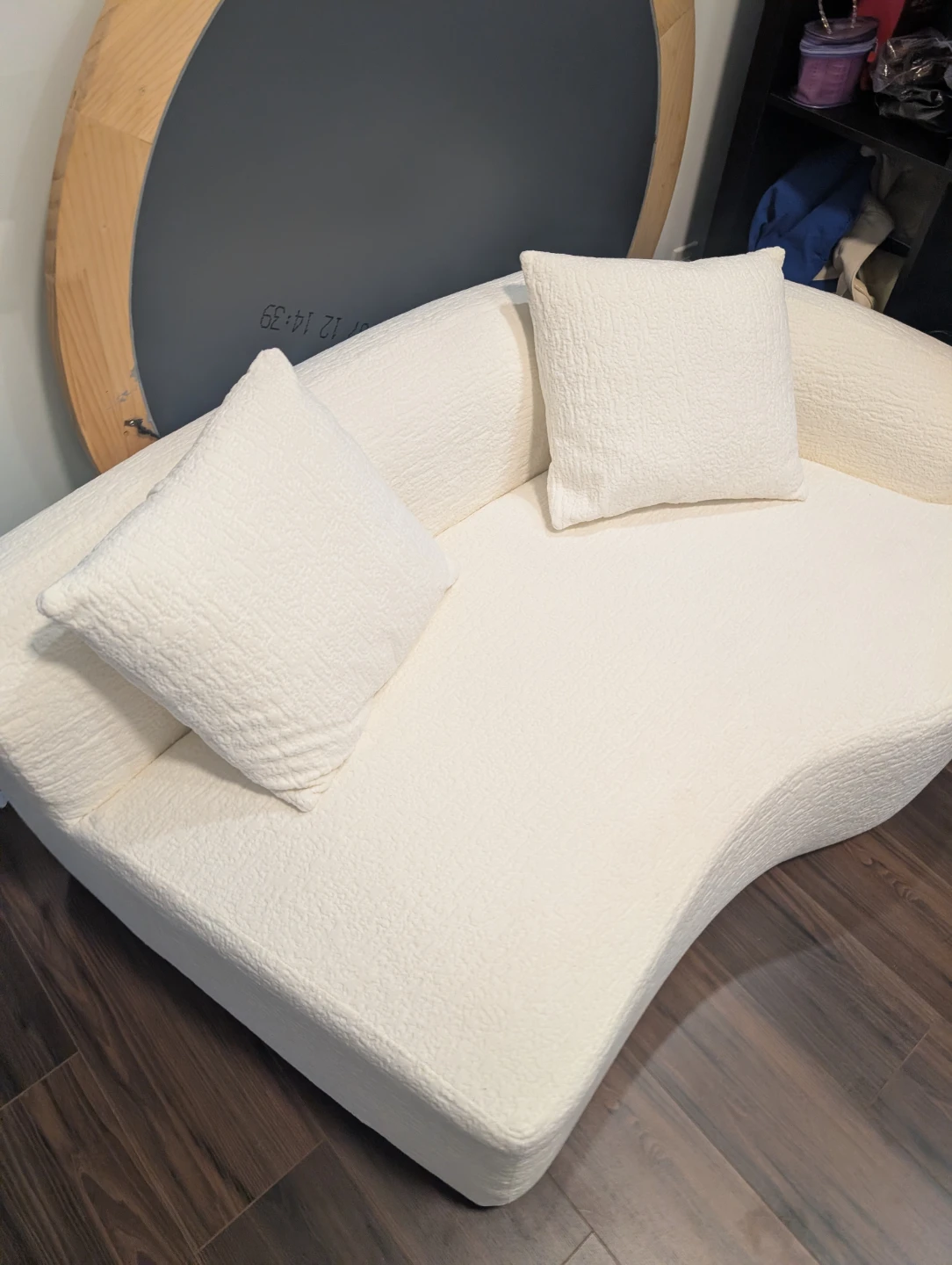 Cream Bouclé Curved Sofa with Two Pillows