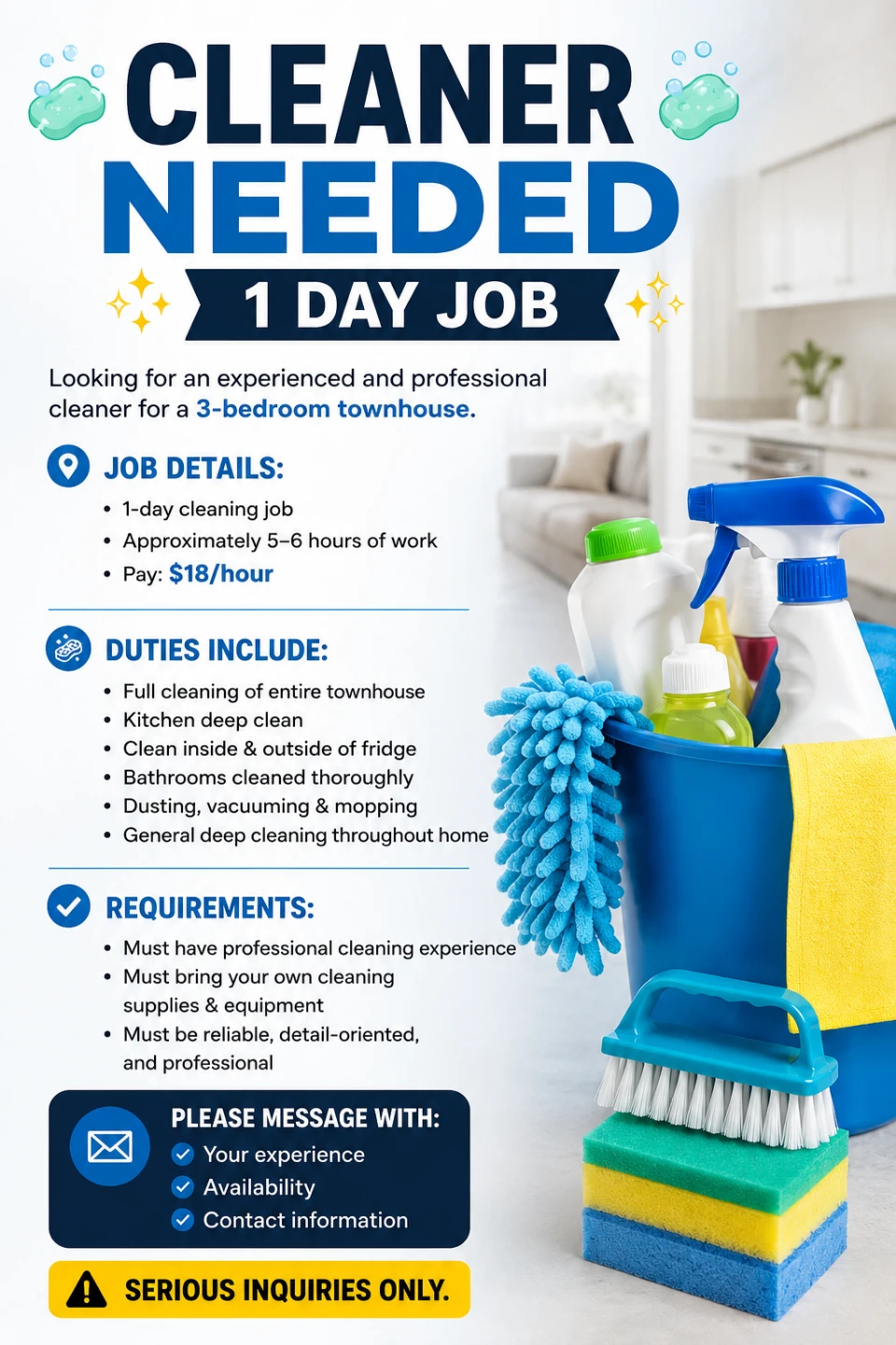 CLEANER NEEDED – 1 DAY JOB