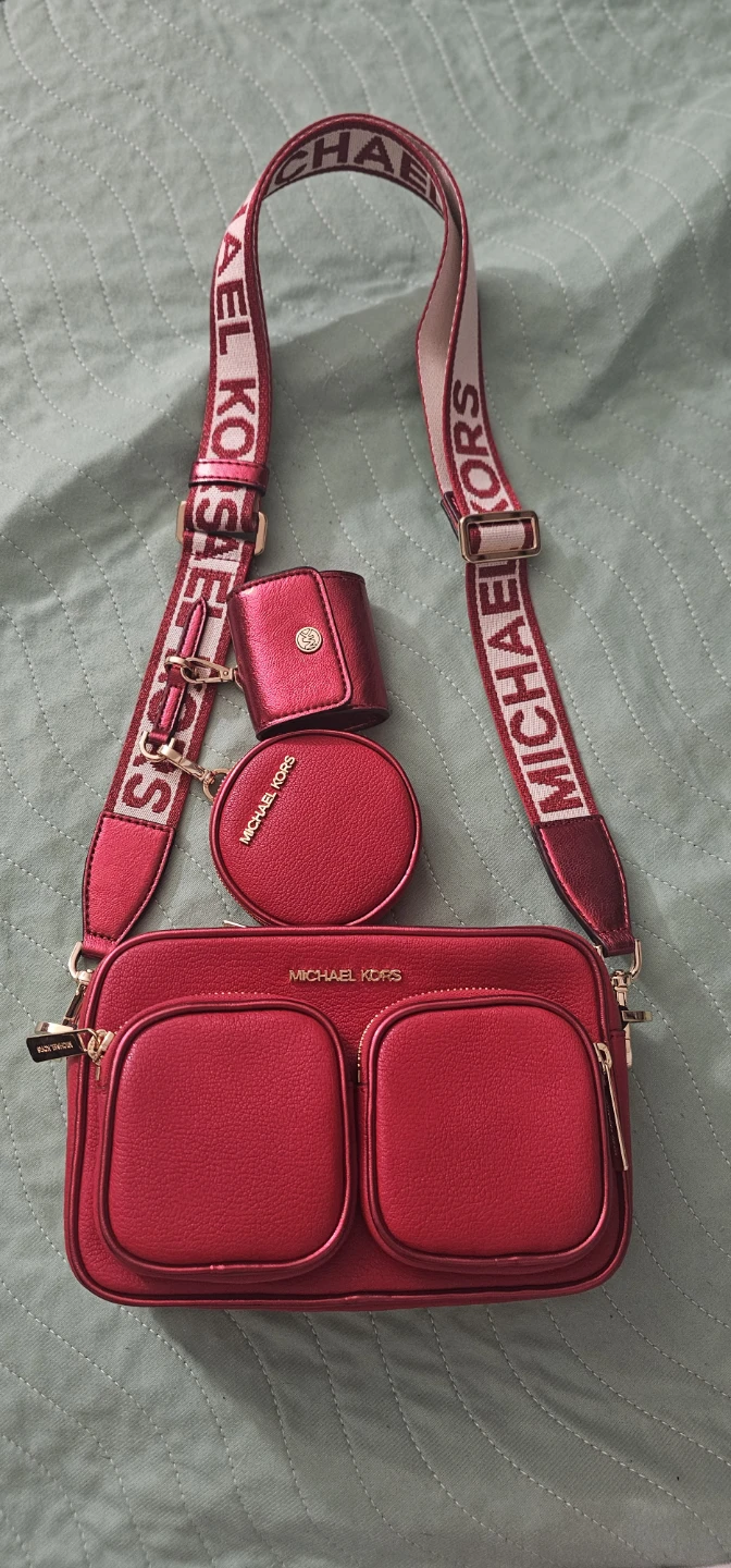 Michael Kors Red Camera Bag with Coin Purse and Earbuds Holder