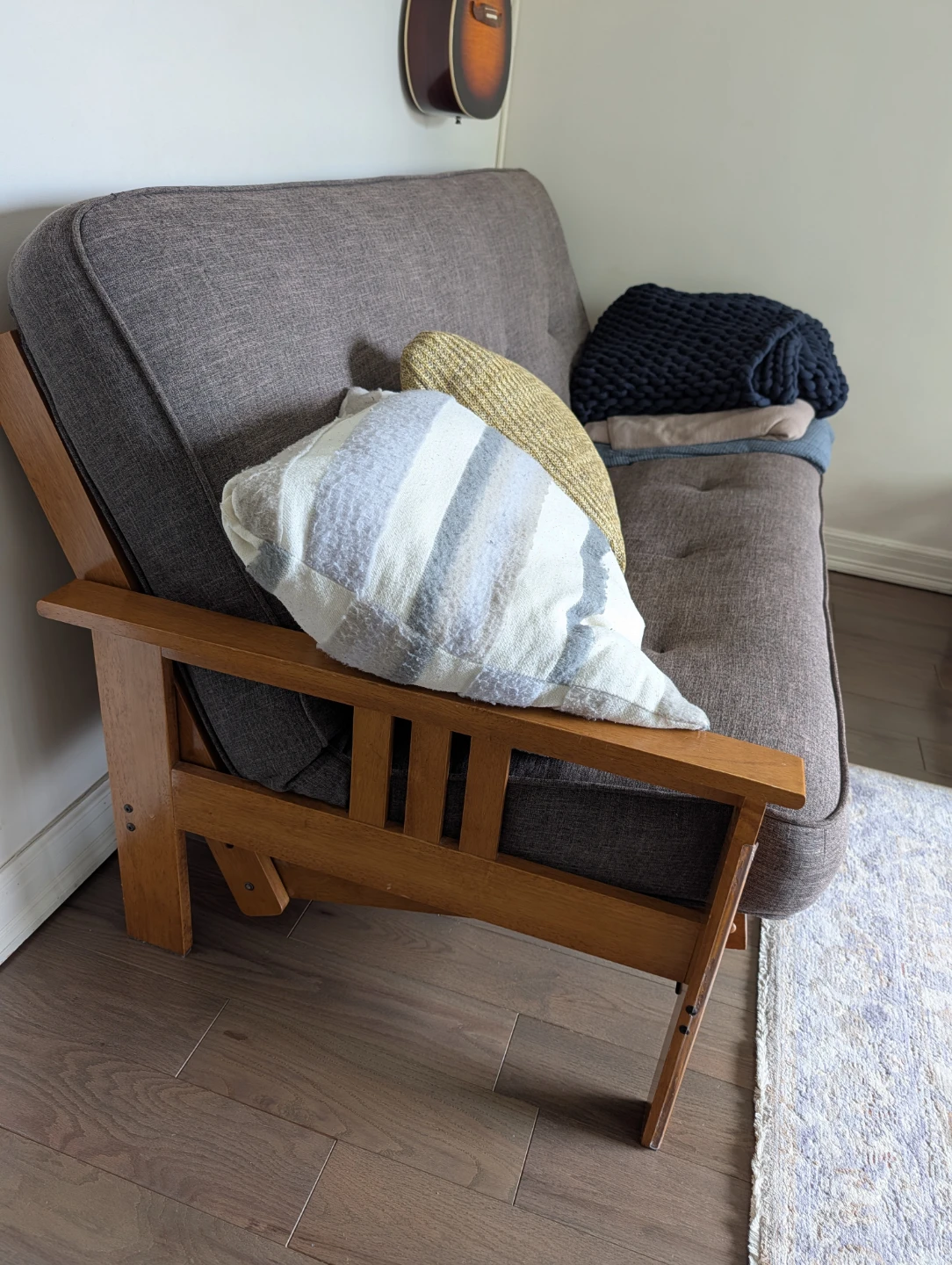 Gray Futon Sofa Bed with Wooden Frame - photo 3
