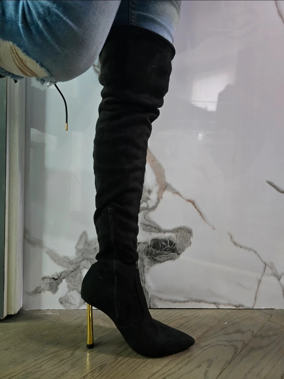 Black Suede Over-the-Knee Boots with Gold Heel