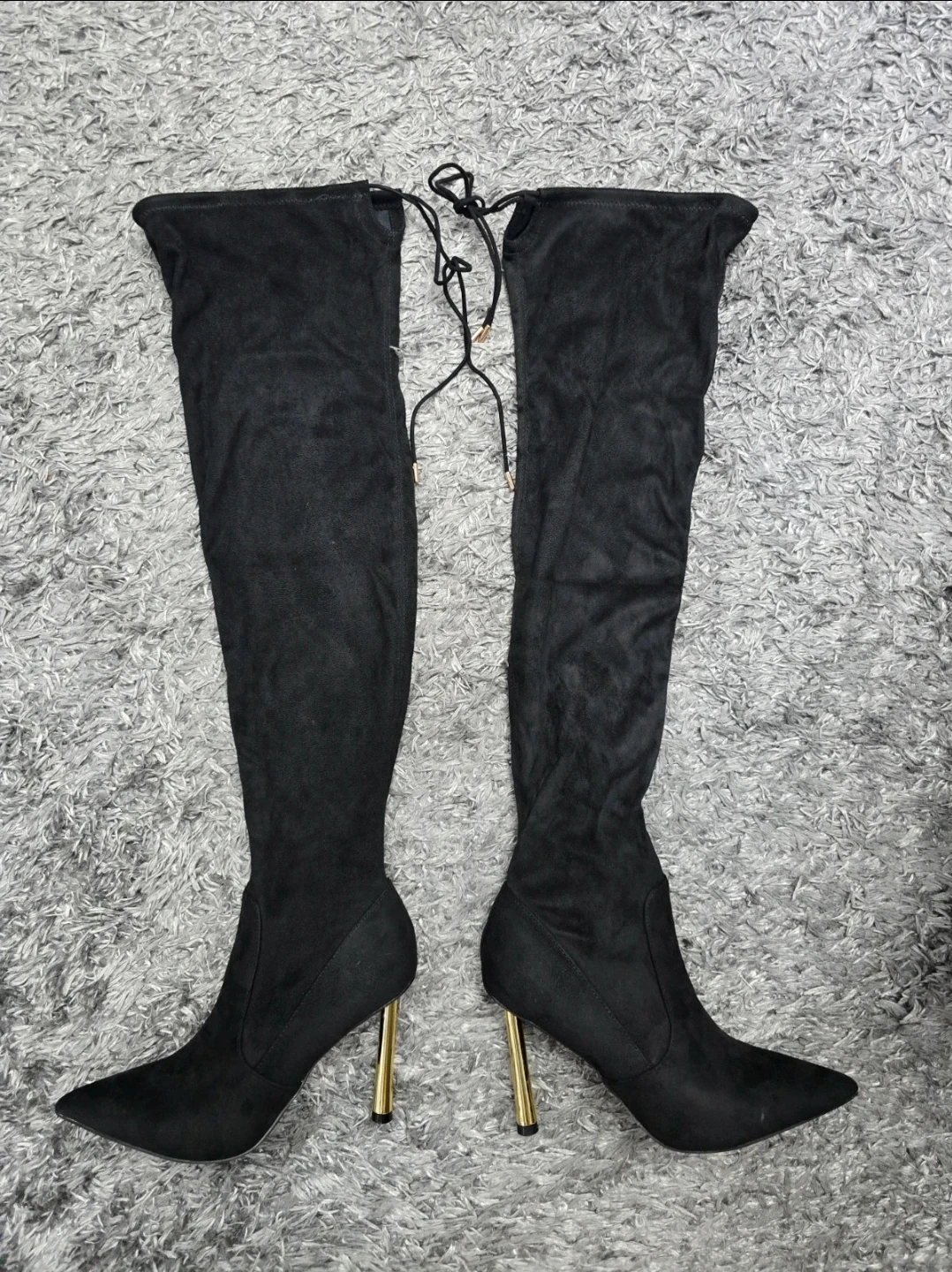 Black Suede Over-the-Knee Boots with Gold Heel - photo 3