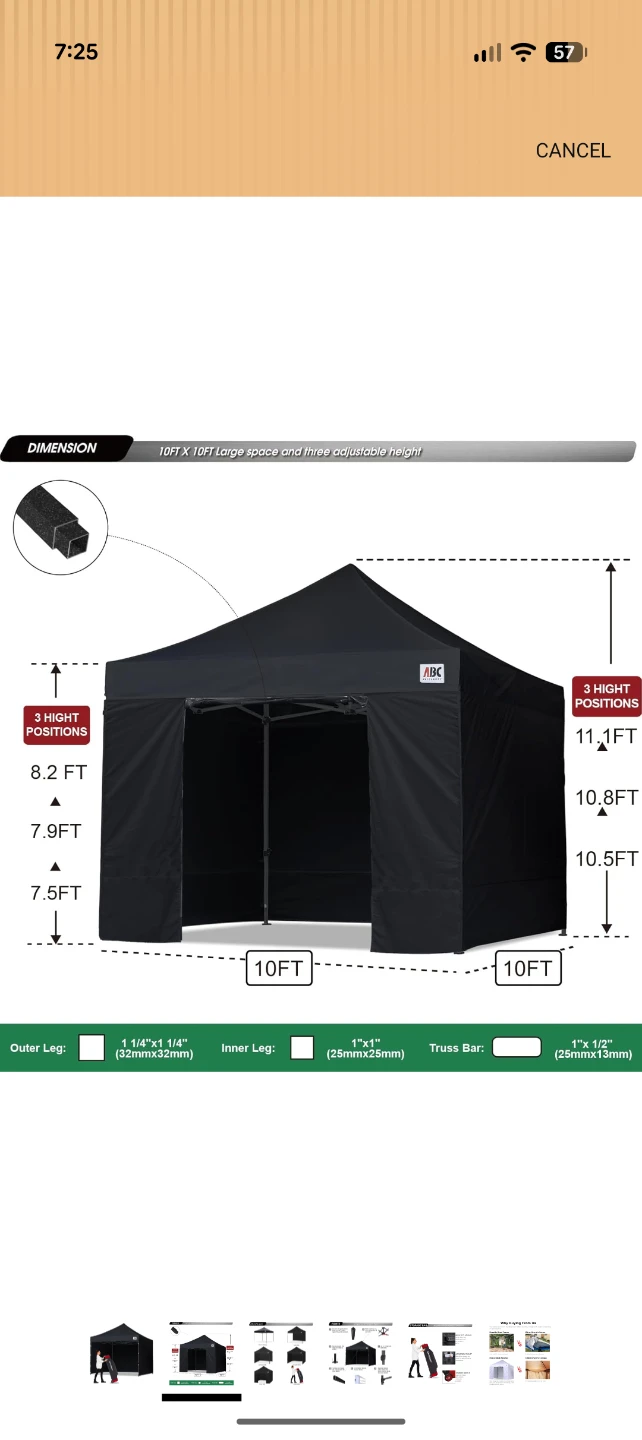 ABC Canopy 10x10ft Black Pop-Up Canopy with Walls and Roller Bag - photo 2