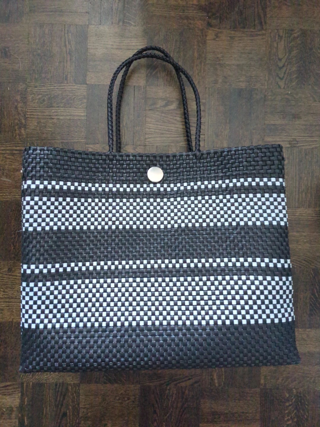 Woven Tote Bag - Black and White Stripes
