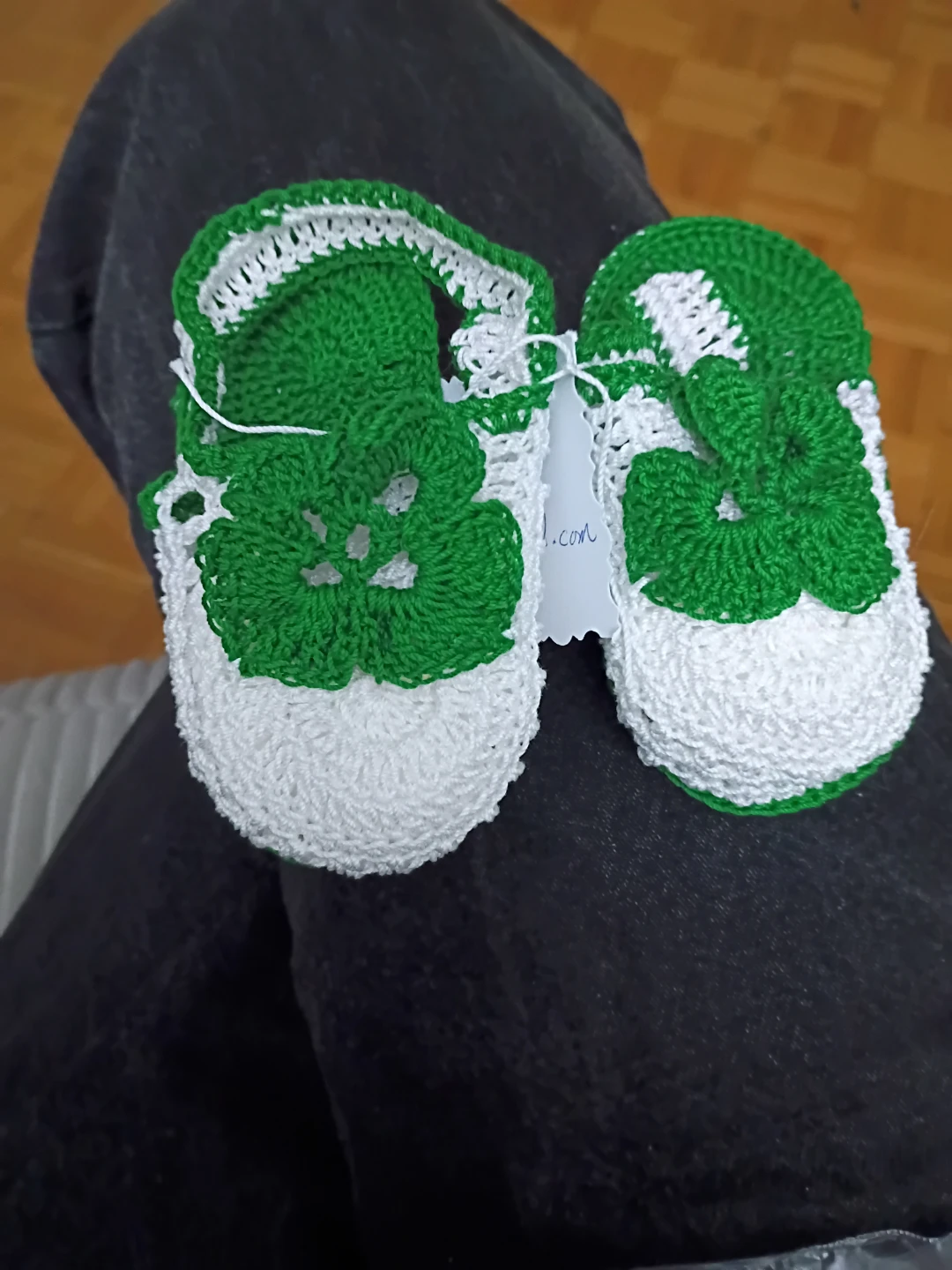 Handmade Crochet Baby Booties - Green and White