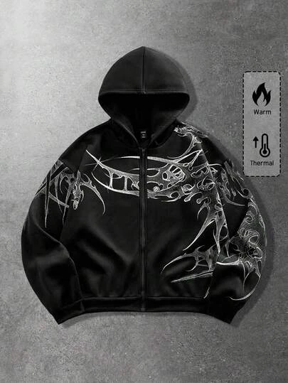 Black Zip-Up Hoodie with Tribal Graphics