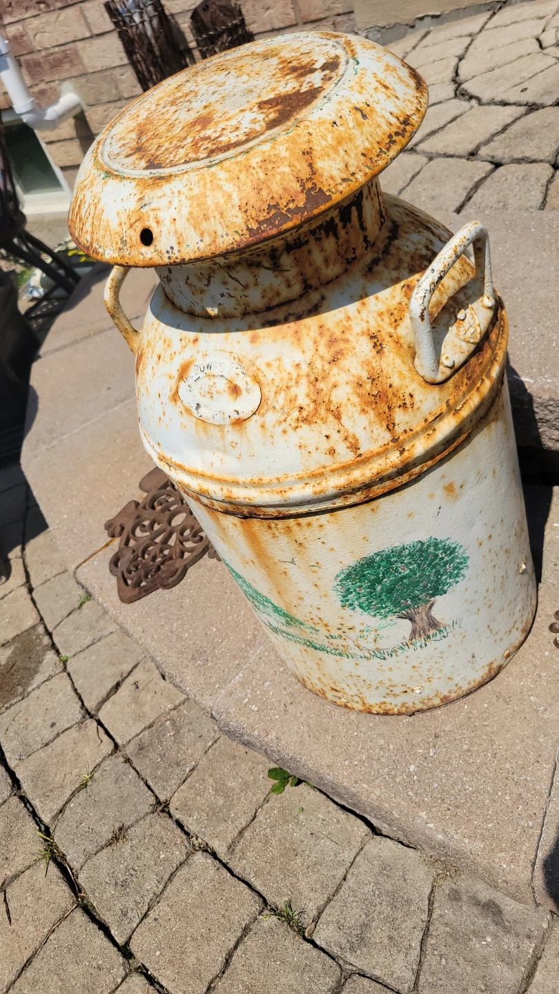 Vintage Metal Milk Can with Tree Decal