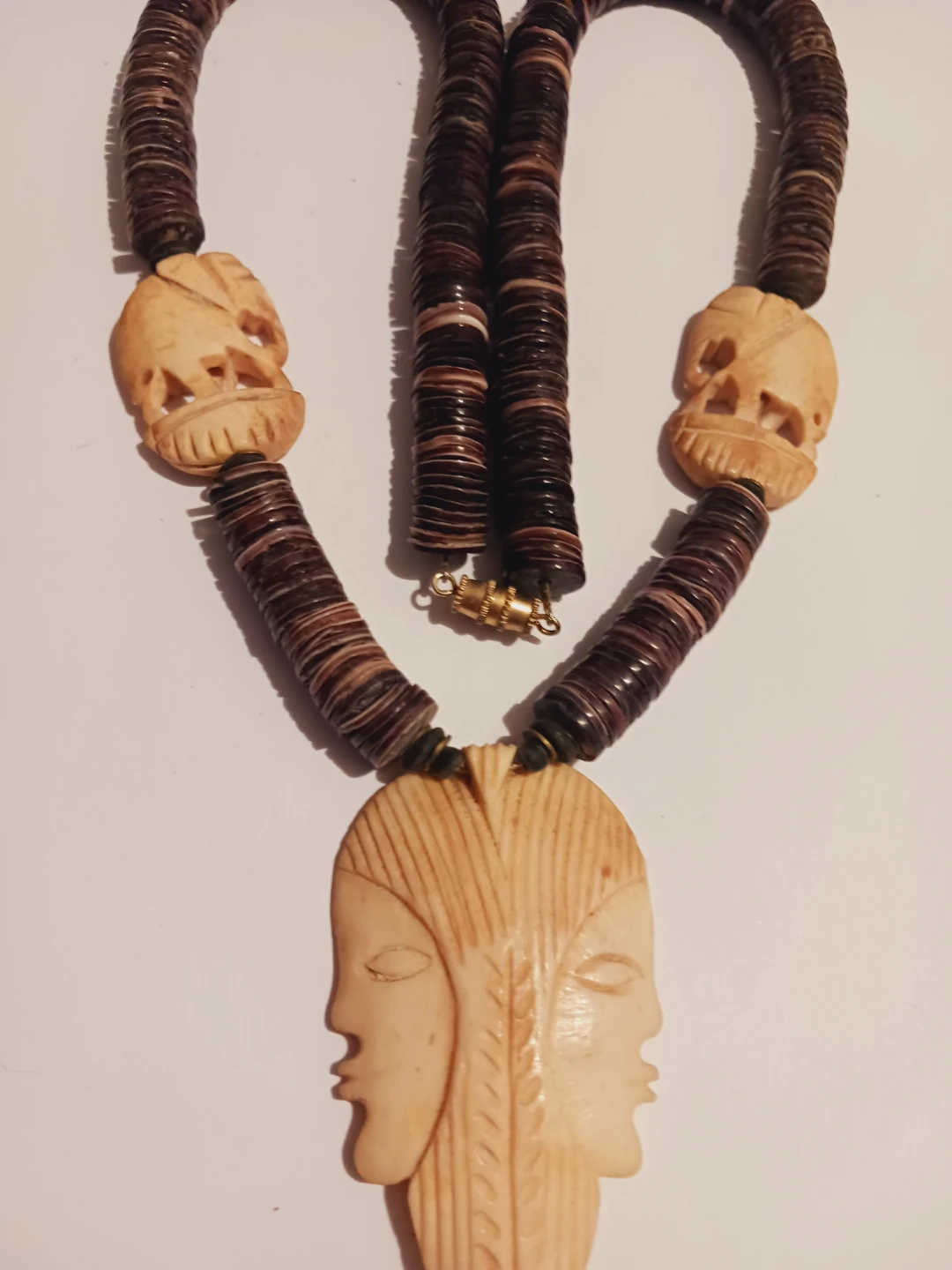 Beautiful African Carved Face & Elephants Beaded Necklace - photo 5