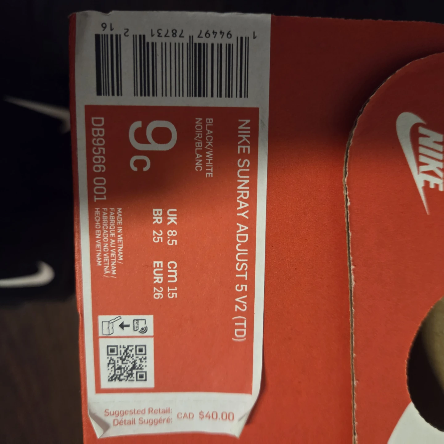 Nike Sunray Adjust 5 V2 TD Sandals - Black/White - Size 9c - photo 3