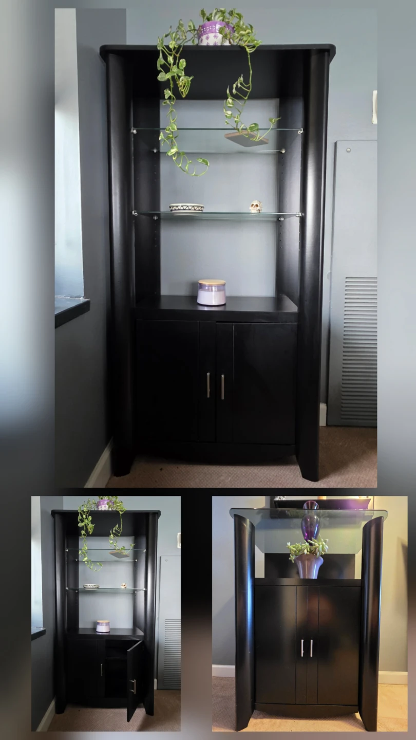 Two-Piece Black Curio Cabinet & Console/Buffet Glass Shelves