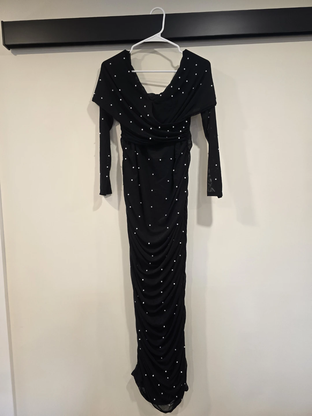 Maternity Black Ruched Pearl Embellished Maxi Dress